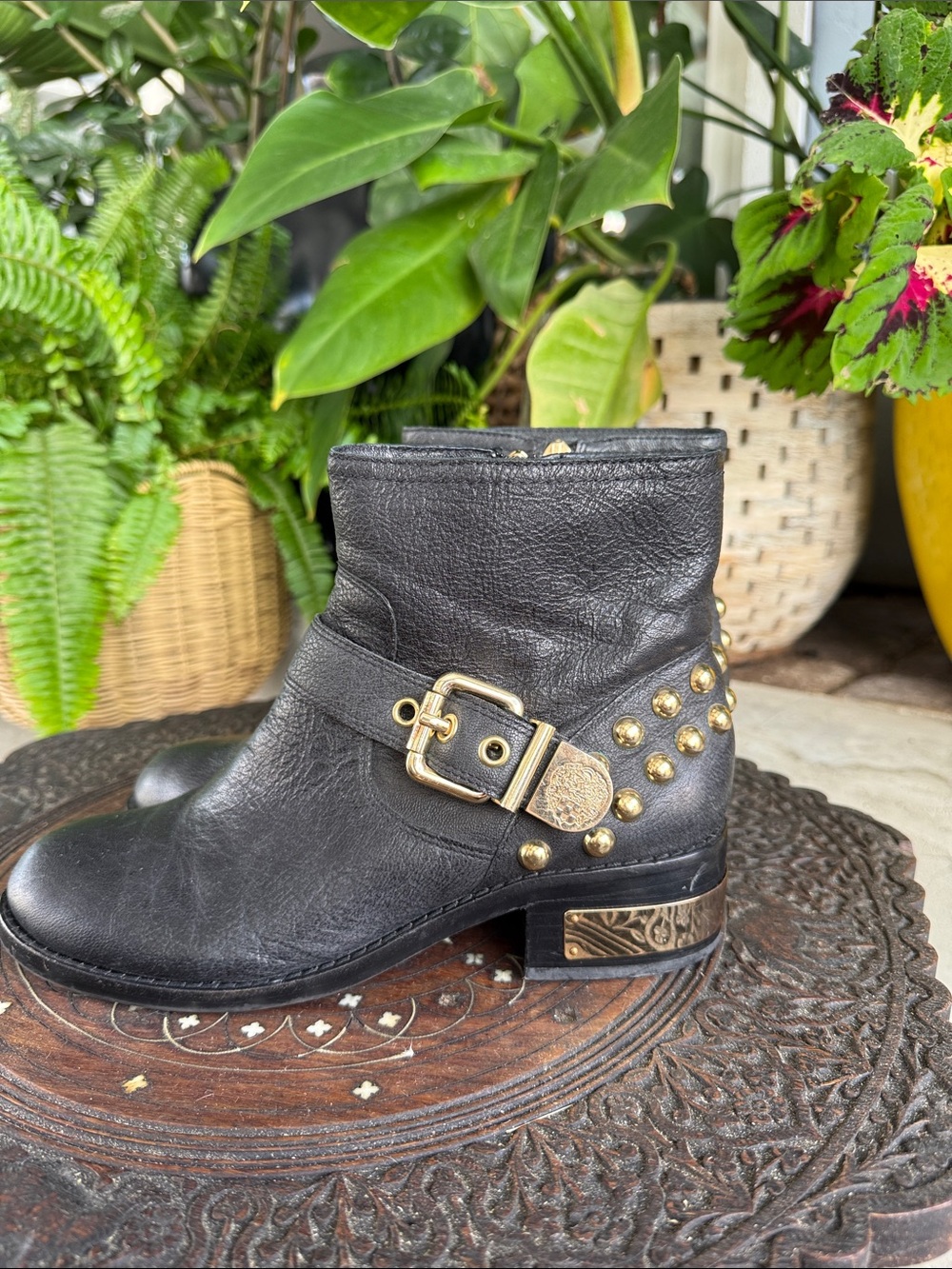 Vince Camuto Black Leather Studded Ankle Boots with Gold Buckle